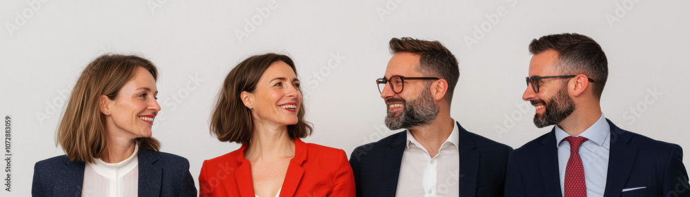 A professional group of four people in smart attire, engaged in conversation and smiling against a plain background. A professional group of four people in smart attire, engaged in conversation and smiling against a plain background.