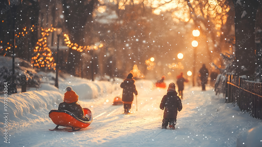Fototapeta premium Kids playing in the snow during a Christmas family outing with sleds.