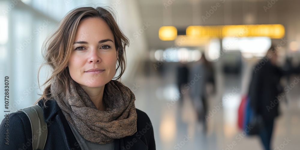 Confident Young Woman at Airport Terminal with Blurred Background Confident Young Woman at Airport Terminal with Blurred Background