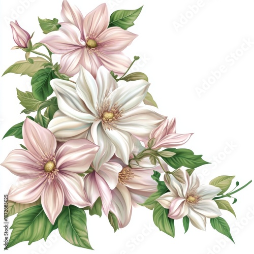 clipart cluster of pale pink and white flowers with some different shades of green leaves. assembles thhis as a corner border