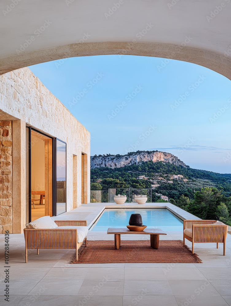 Fototapeta premium Luxurious outdoor seating area with a pool and stunning mountain view at sunset