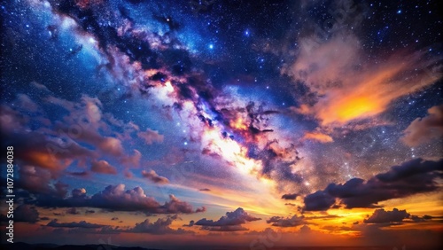 A cosmic spectacle of vibrant celestial wonders, painted across a canvas of swirling clouds, illuminated by the ethereal glow of a distant sunset.