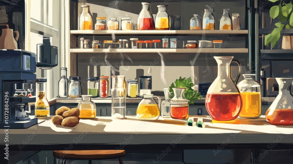 A kitchen counter with a variety of glass bottles and jars filled with liquids, fruits and vegetables on a countertop in front of a window. A kitchen counter with a variety of glass bottles and jars filled with liquids, fruits and vegetables on a countertop in front of a window.