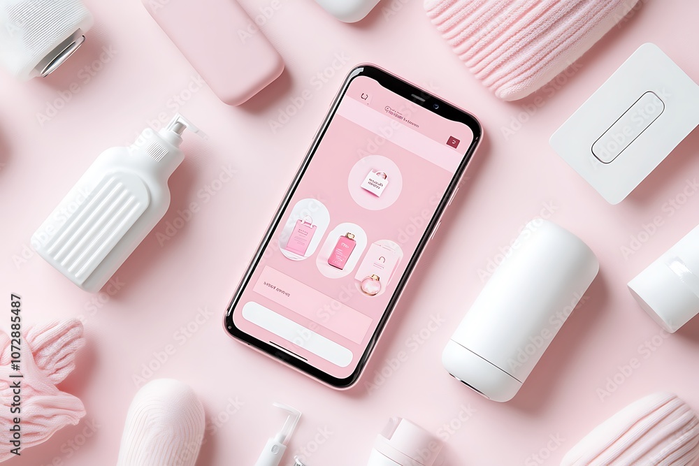 Smartphone to enter content surrounded by shopping bags, shopping carts on a pink background.3d rendering. Smartphone to enter content surrounded by shopping bags, shopping carts on a pink background.3d rendering.