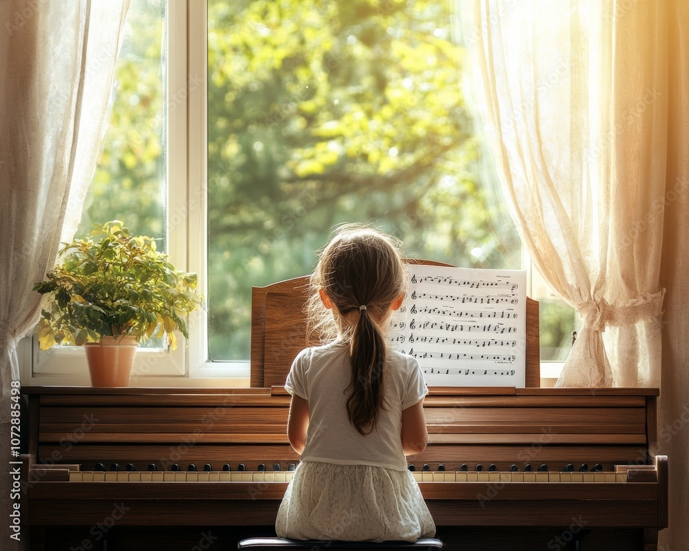 Fototapeta premium Young Girl Practicing Piano on Music Day Calm Home Setting, Capturing Personal Growth and Learning for Music Day, Childrens Day, and Mothers Day