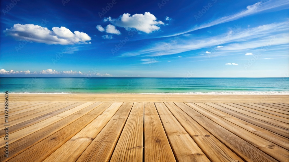 Wooden Deck Overlooking a Turquoise Sea and Sandy Beach Under a Blue Sky with Fluffy White Clouds Wooden Deck Overlooking a Turquoise Sea and Sandy Beach Under a Blue Sky with Fluffy White Clouds