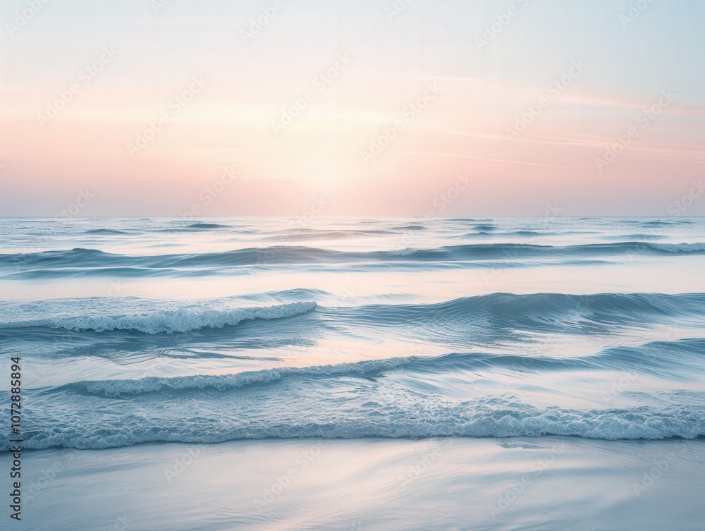 Obraz premium Serene ocean waves at sunset with soft colors.