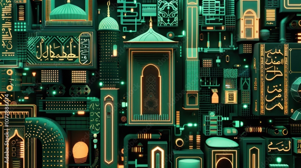 Abstract Islamic design with green and gold elements. Abstract Islamic design with green and gold elements.