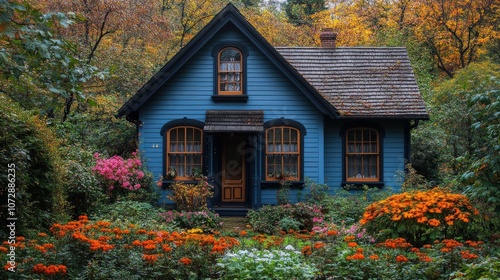 A charming blue house surrounded by vibrant flowers and autumn foliage.