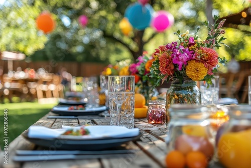 Charming outdoor dinner setup on a beautiful lawn, framed by a wooden fence and decorated with colorful accents, perfect for celebrations or gatherings..