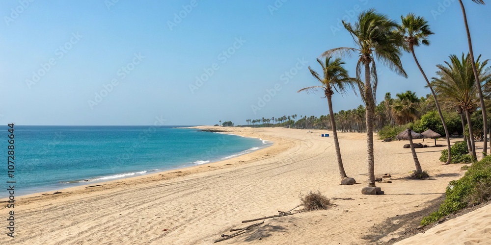 Warm sandy beach with palm trees and clear blue waters, beach, water Warm sandy beach with palm trees and clear blue waters, beach, water