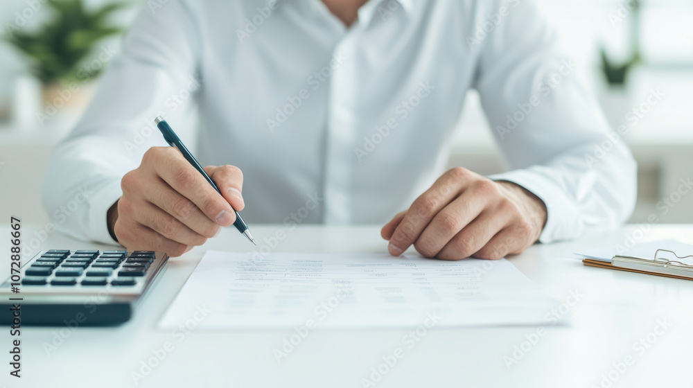 A person is writing on a sheet of paper while holding a pen, with a calculator and notepad visible on the table, creating a work-focused atmosphere. A person is writing on a sheet of paper while holding a pen, with a calculator and notepad visible on the table, creating a work-focused atmosphere.