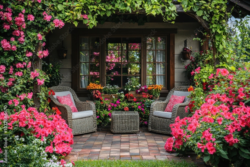 Fototapeta premium Inviting backyard scene featuring a cozy seating area surrounded by vibrant, blooming flowers, creating a peaceful and charming outdoor retreat..