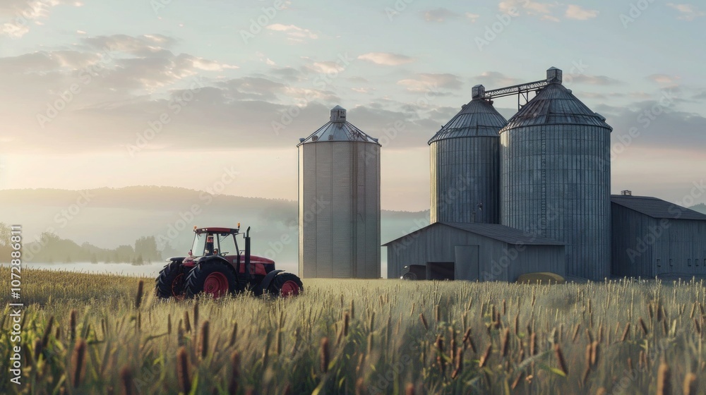 Fototapeta premium Grain Silos and a tractor