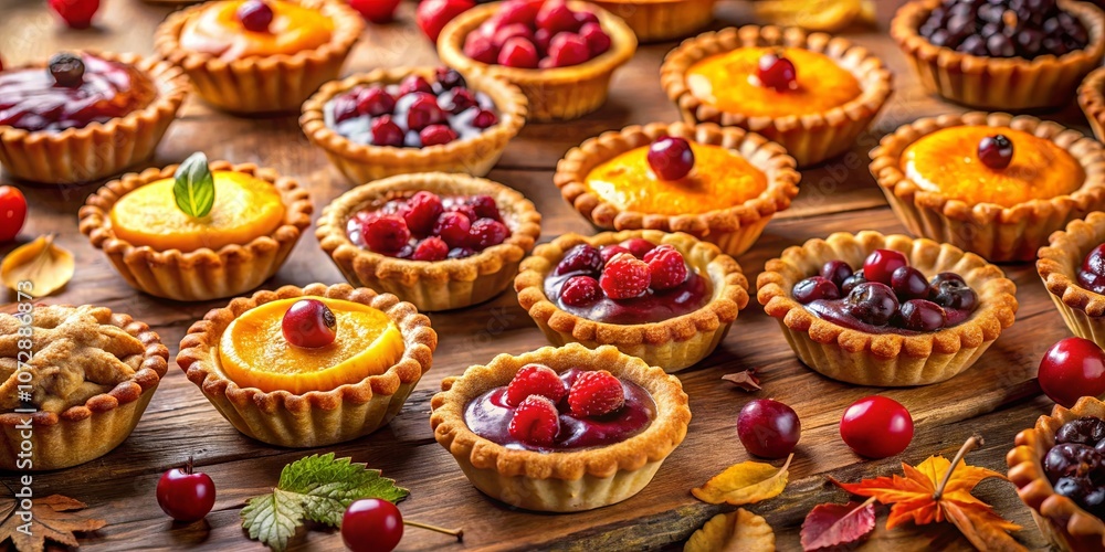 A Rustic Table Display Featuring Assorted Mini Fruit Tarts with a Delicate Garnish of Fresh Berries and Autumn Leaves A Rustic Table Display Featuring Assorted Mini Fruit Tarts with a Delicate Garnish of Fresh Berries and Autumn Leaves
