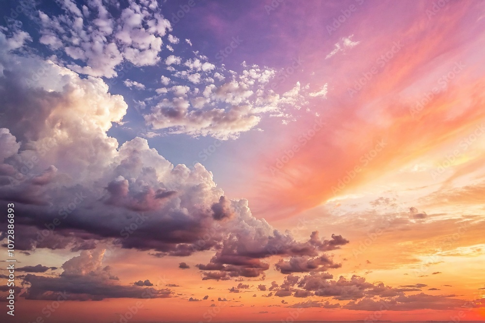 Obraz premium Watercolor Background with Abstract Sunset and Puffy White Clouds, gentle, sunset