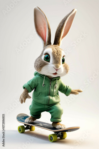An isolated cute rabbit with a green jumpsuit, various amusing postures: jumping, dancing, playing, the character in fairy tale.