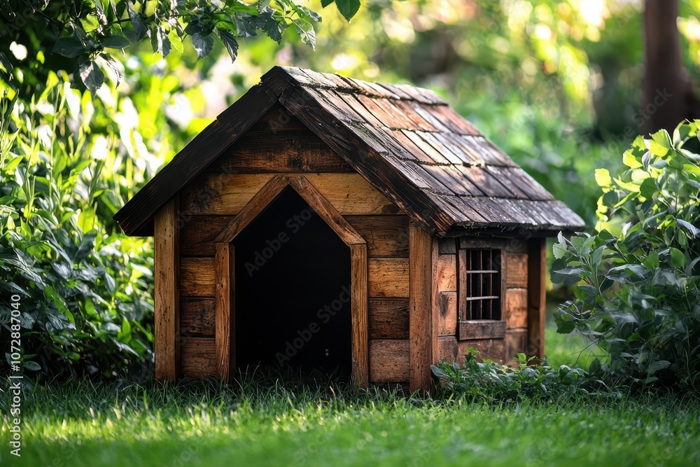 Charming wooden dog house in a bright, sunny backyard, surrounded by lush green grass, creating a cozy and inviting outdoor space for pets.. Charming wooden dog house in a bright, sunny backyard, surrounded by lush green grass, creating a cozy and inviting outdoor space for pets..