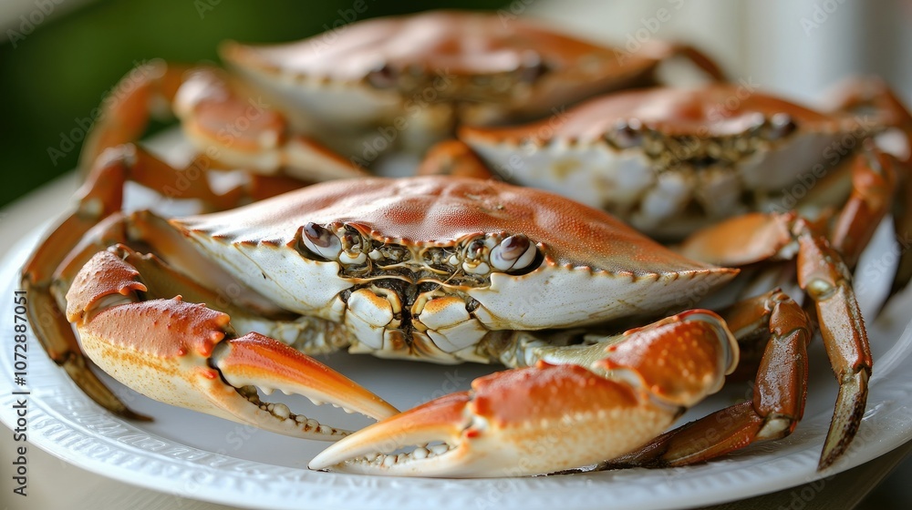 Delicious stuffed blue crab on white plate, close-up with emphasis on filling and shell patterns. Minimalist food presentation. Delicious stuffed blue crab on white plate, close-up with emphasis on filling and shell patterns. Minimalist food presentation.
