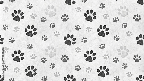 Seamless black doodle paw prints pattern background with a subtle texture and gentle lines for a pet lover's home decor, pet friendly, black and white, geometric patterns