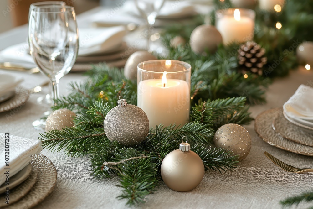 Close-up of an elegantly decorated holiday table featuring candles, ornaments, and lush greenery, creating a warm and festive atmosphere for celebrations.. Close-up of an elegantly decorated holiday table featuring candles, ornaments, and lush greenery, creating a warm and festive atmosphere for celebrations..