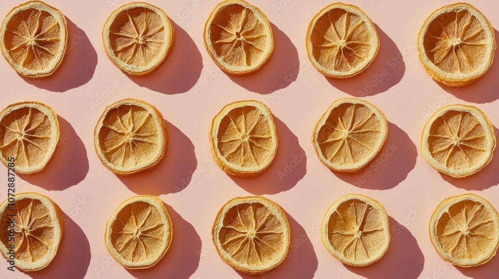 Dried lemon slices arranged in uniform rows on a pink background. Shadows create contrast, adding depth and interest to the flat lay. Dried lemon slices arranged in uniform rows on a pink background. Shadows create contrast, adding depth and interest to the flat lay.