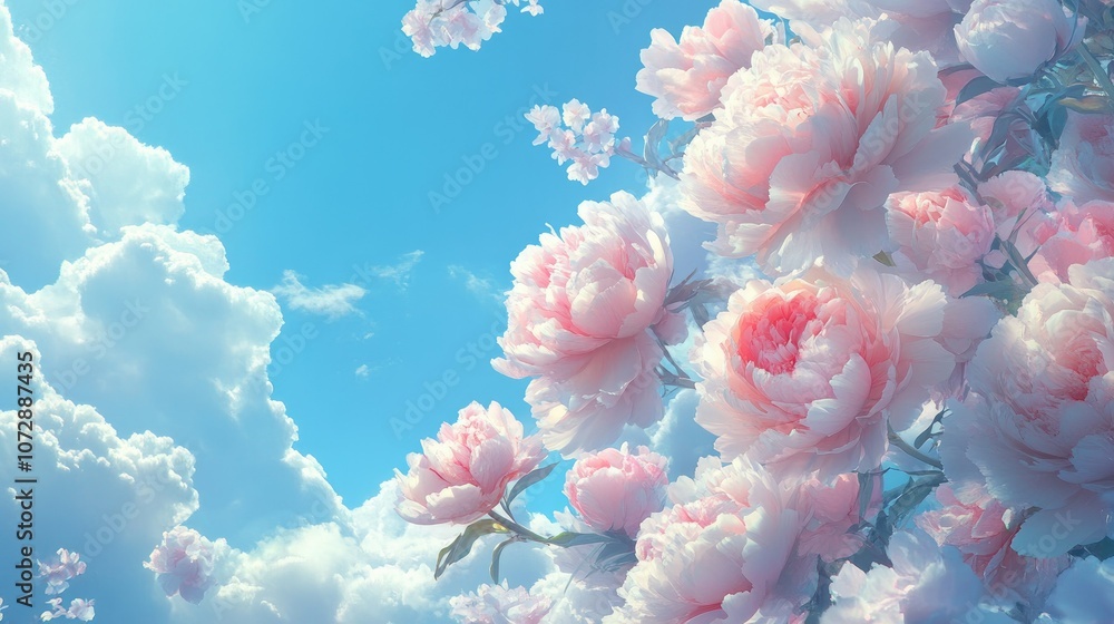 Dynamic display of pastel peonies and light clouds, all set against a serene blue sky, evoking a sense of calm and beauty. Dynamic display of pastel peonies and light clouds, all set against a serene blue sky, evoking a sense of calm and beauty.