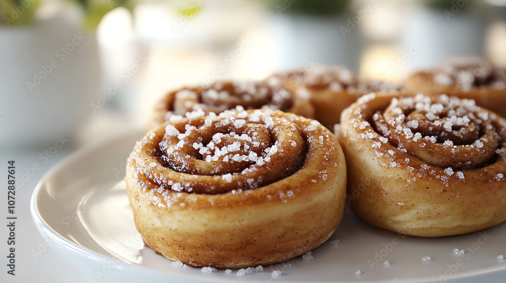 Swedish cinnamon roll with sugar crystals, displayed in a Scandinavian cafe with minimalist decor, bright morning light Swedish cinnamon roll with sugar crystals, displayed in a Scandinavian cafe with minimalist decor, bright morning light