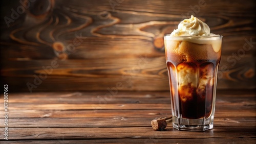 A Refreshing Iced Coffee with Whipped Cream and Brown Sugar on a Rustic Wooden Surface