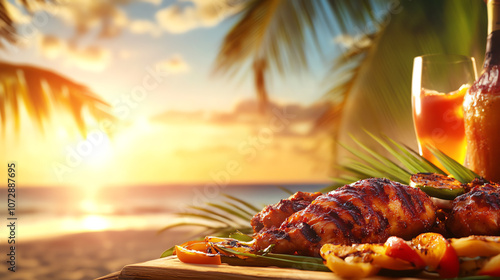 Caribbean jerk chicken with vibrant spices, set against a tropical beach with palm trees and sunset light, high texture detail