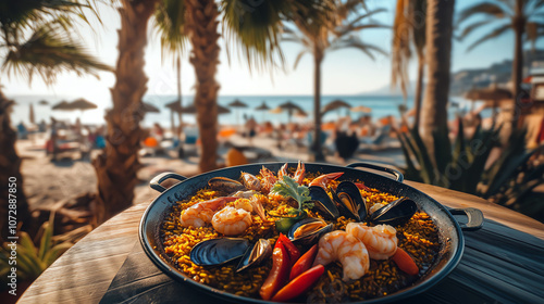 Spanish paella with seafood and saffron rice, set outdoors near a Spanish beach with palm trees, warm natural lighting