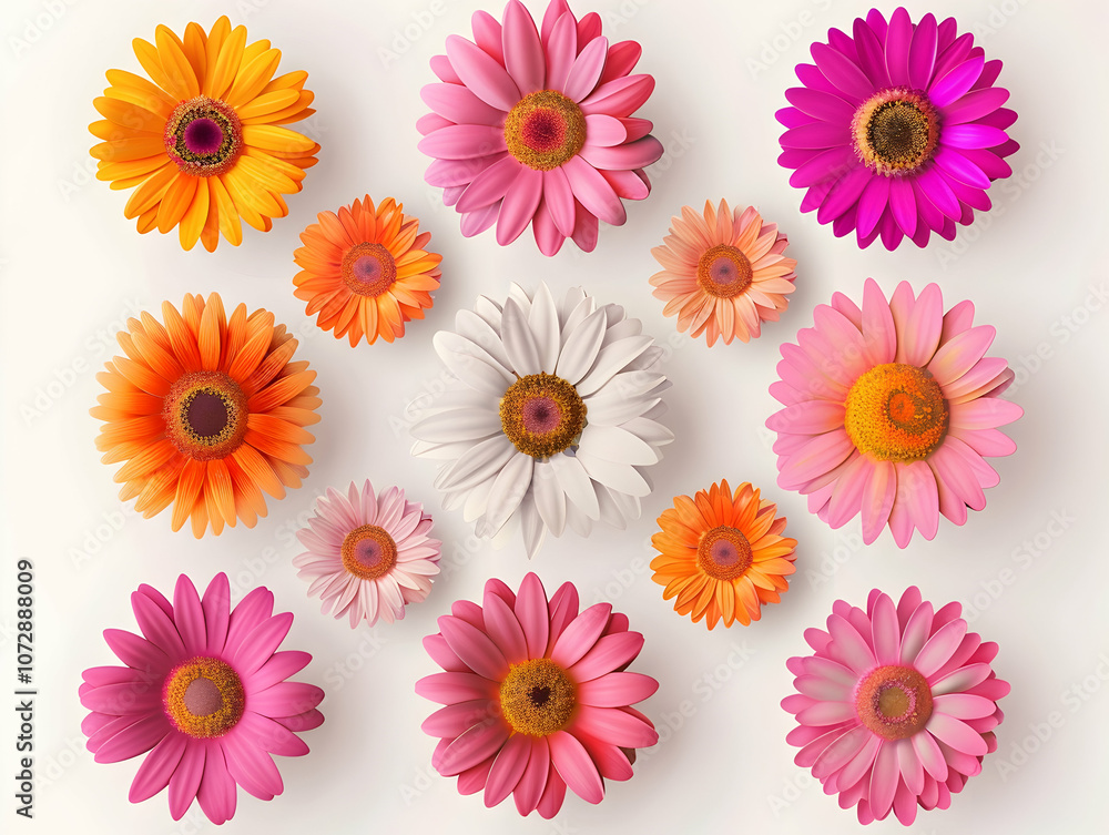 Set of colorful daisies on a white background, vector illustration. Detailed, realistic flowers. Set of colorful daisies on a white background, vector illustration. Detailed, realistic flowers.