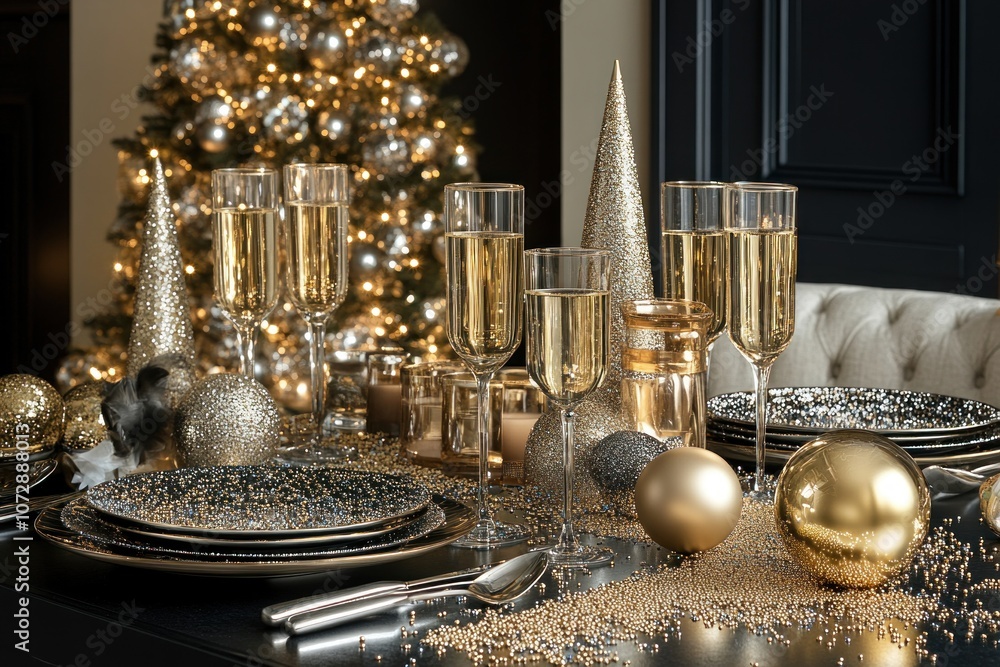 A festive table setting with champagne flutes, gold and black Christmas ornaments, and a decorated Christmas tree in the background. A festive table setting with champagne flutes, gold and black Christmas ornaments, and a decorated Christmas tree in the background.