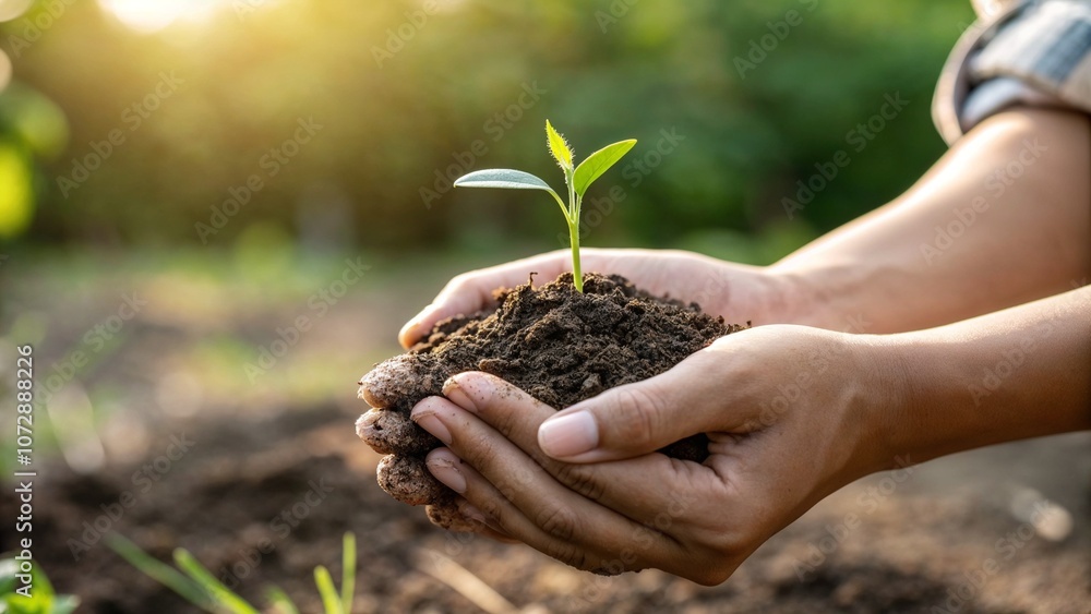 Person holding a young plant in hands with soil in a garden during sunset
