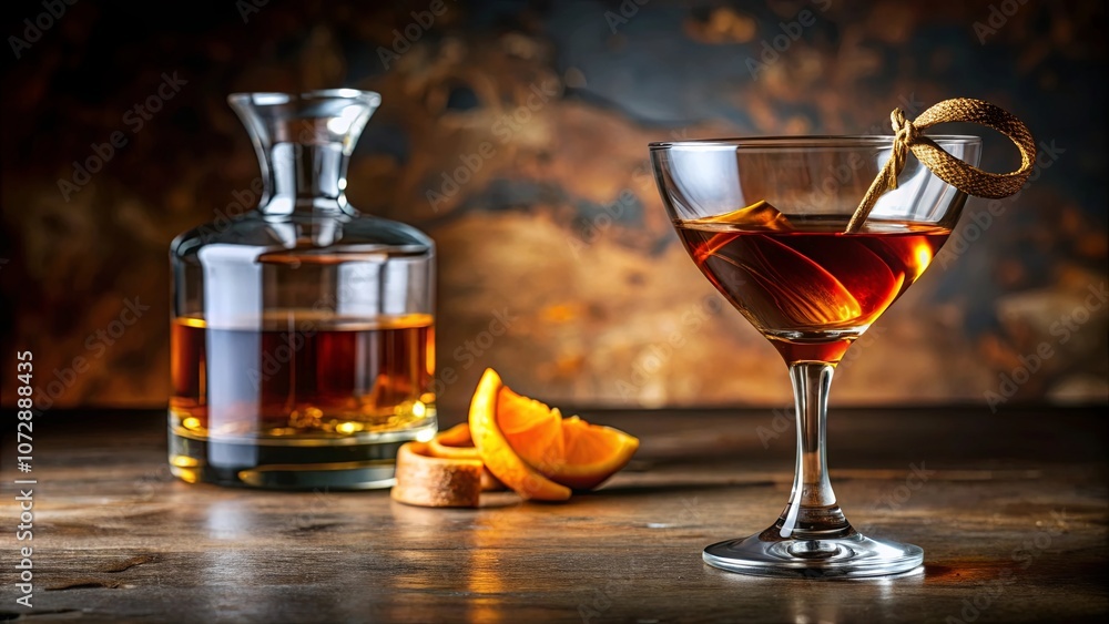 Aromatic Cocktail with an Orange Twist and a Decanter of Amber Liquid on Rustic Wood Aromatic Cocktail with an Orange Twist and a Decanter of Amber Liquid on Rustic Wood