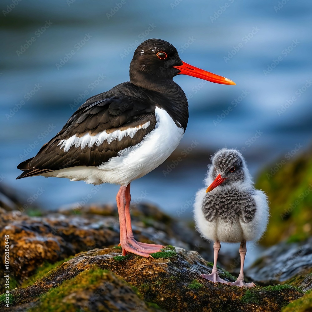 A parent bird stands beside its fluffy chick on a rocky shore, showcasing nature's bond. A parent bird stands beside its fluffy chick on a rocky shore, showcasing nature's bond.