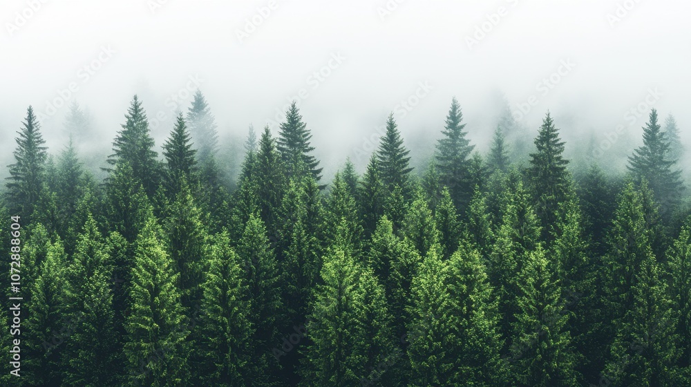 Lush green forest with fog among the tall pine trees. Lush green forest with fog among the tall pine trees.