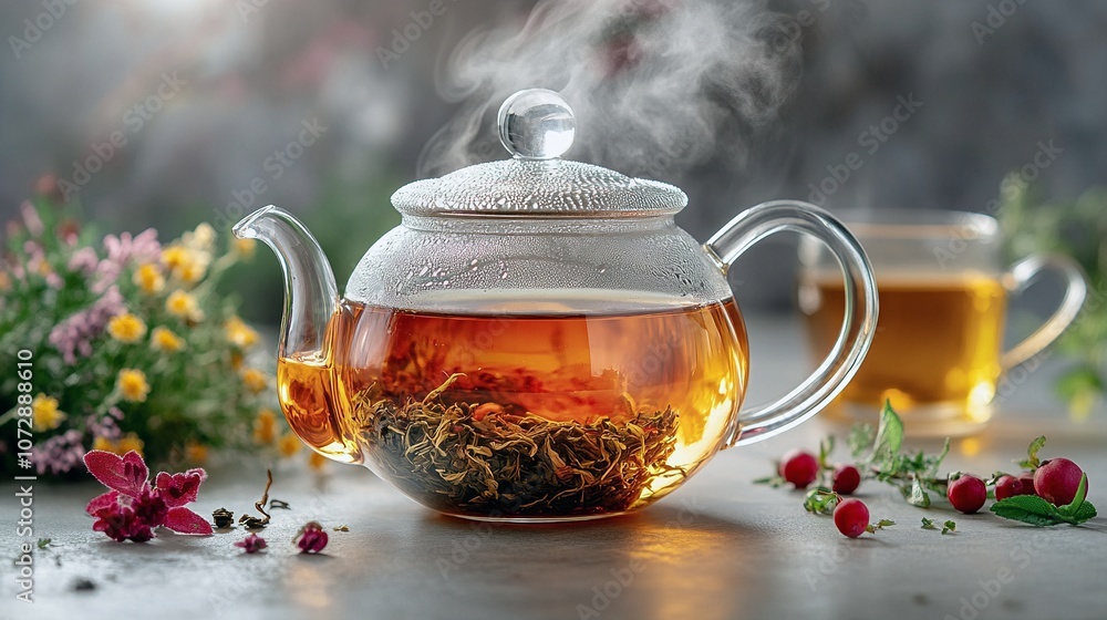 Fresh Herbal Tea Brewing in a Clear Glass Teapot with Loose Leaves Fresh Herbal Tea Brewing in a Clear Glass Teapot with Loose Leaves