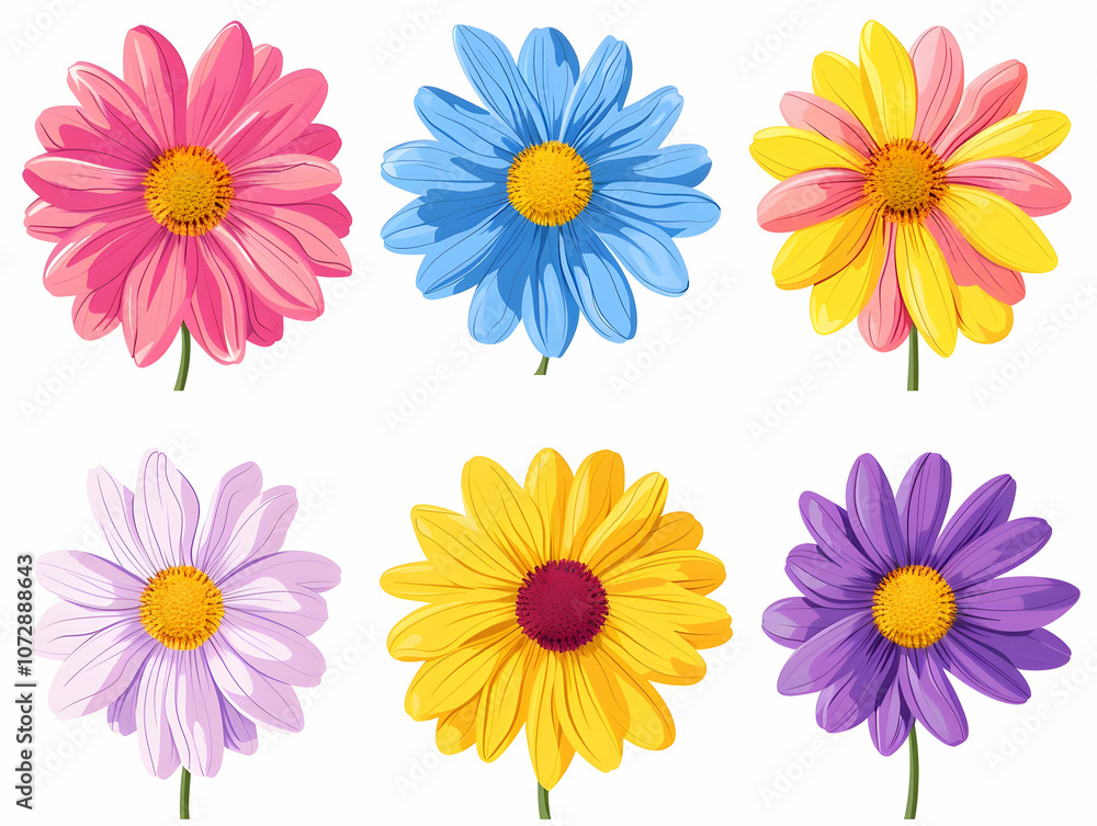 Set of colorful daisies on a white background, vector illustration. Detailed, realistic flowers. Set of colorful daisies on a white background, vector illustration. Detailed, realistic flowers.