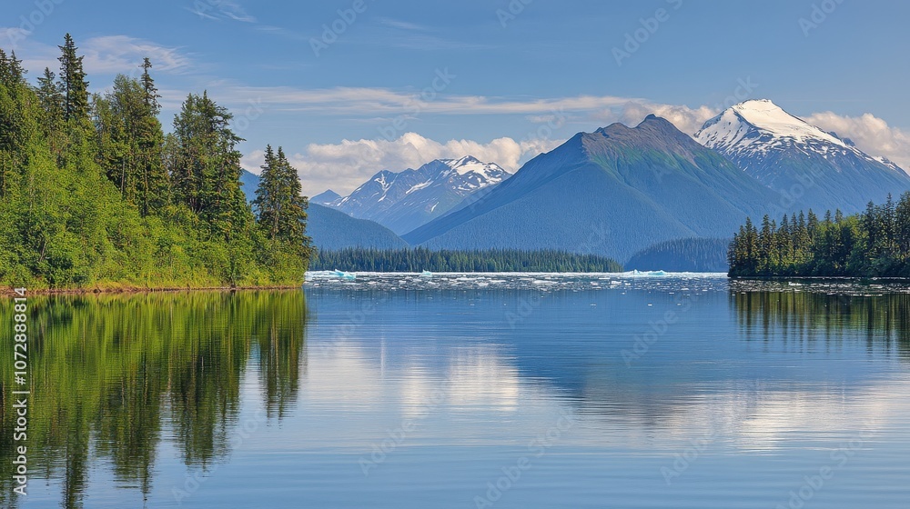 Pristine lake surrounded by snow-capped mountains Pristine lake surrounded by snow-capped mountains