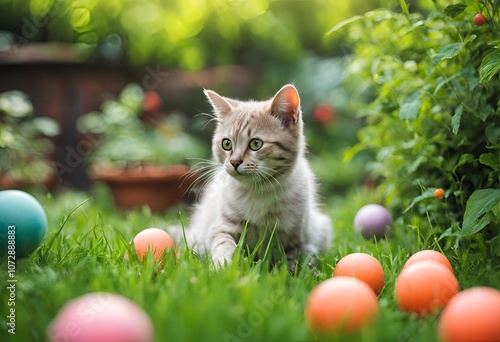 a cat playing with balls in a greeny garden, enjoying the sunshine and fun outdoor play with toys