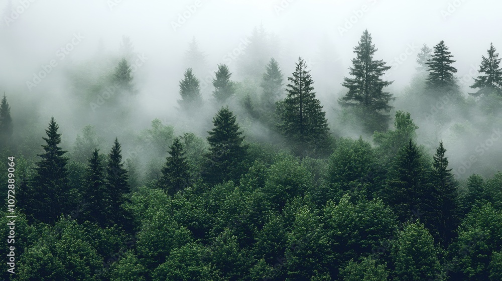 Obraz premium Misty forest with lush green trees fading into fog