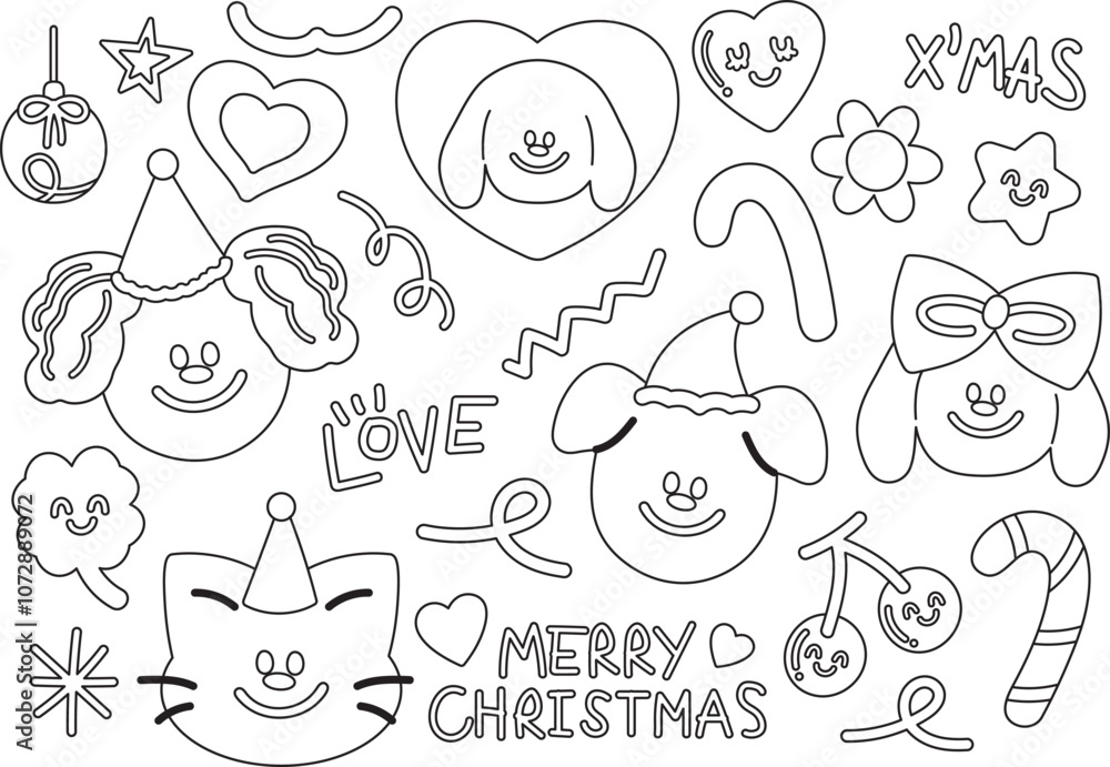 Christmas and New Year festive outlines with puppy, party hat, candy cane, clover leaf, cherry, red heart for winter decoration, dog cartoon, mascot, stickers, pet, kid colouring book, painting, art Christmas and New Year festive outlines with puppy, party hat, candy cane, clover leaf, cherry, red heart for winter decoration, dog cartoon, mascot, stickers, pet, kid colouring book, painting, art