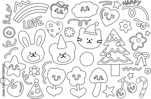 Outline illustration of bunny, teddy bear, cat, Christmas tree, candy cane, red ribbon, flowers, rainbow, cloud, heart, star for winter decoration, animals, stickers, kid colouring book, painting, art