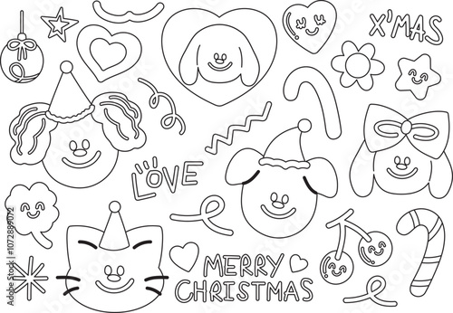 Christmas and New Year festive outlines with puppy, party hat, candy cane, clover leaf, cherry, red heart for winter decoration, dog cartoon, mascot, stickers, pet, kid colouring book, painting, art