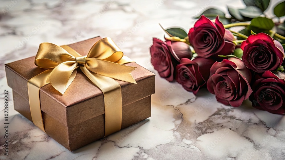 A Luxurious Gift Box Adorned with a Golden Bow, Nestled Beside a Bouquet of Velvet-Like Roses on a Marbled Surface A Luxurious Gift Box Adorned with a Golden Bow, Nestled Beside a Bouquet of Velvet-Like Roses on a Marbled Surface