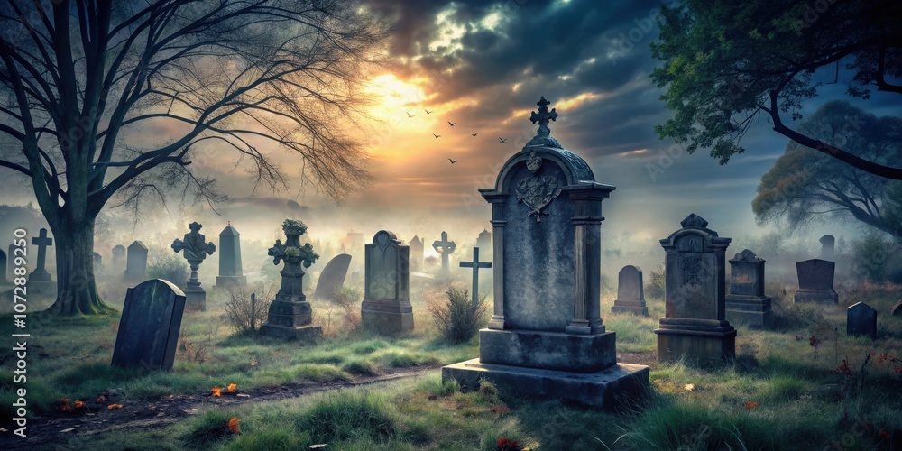 A misty graveyard, cloaked in a ethereal glow, as the sun rises over a field of weathered tombstones, each a testament to a life lived and a story untold. A misty graveyard, cloaked in a ethereal glow, as the sun rises over a field of weathered tombstones, each a testament to a life lived and a story untold.