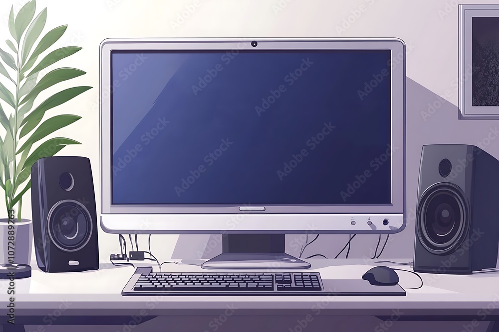 3D illustration Computer set. Screen monitor blank with keyboard mouse and design speaker on light blue wall background. 3D illustration Computer set. Screen monitor blank with keyboard mouse and design speaker on light blue wall background.