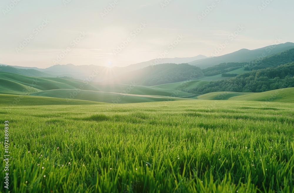 Obraz premium Serene green hills under a soft sunrise light.