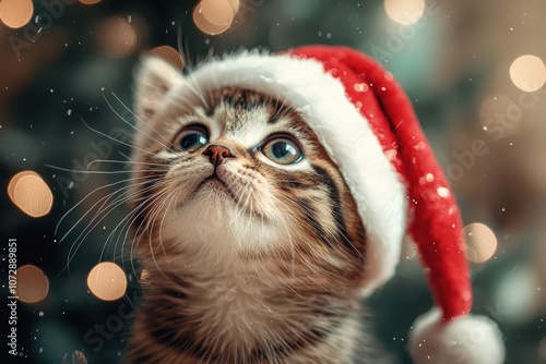 Adorable fluffy kitten wearing a red Santa hat, gazing up with big, curious eyes, capturing the heartwarming charm and wonder of the holiday season...